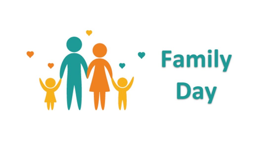 Illustration of a family with two adults and two children holding hands, surrounded by small hearts. The words Family Day and the Nanaimo Brain Injury Society (NBIS) appear in teal text on the right side of the image.