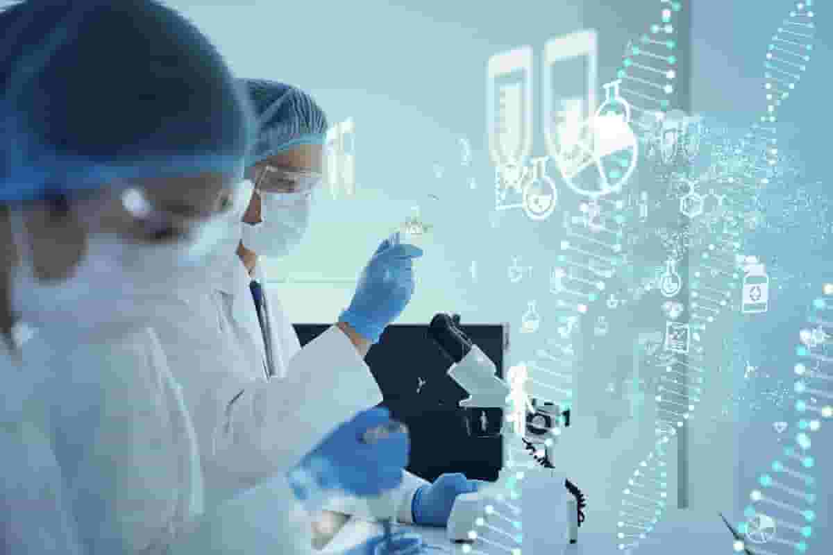 Two scientists in lab coats, masks, and hair covers work in a lab with microscopes and test tubes. Digital DNA strands and icons highlight biotechnology research for Brain Injury Education at the Nanaimo Brain Injury Society.