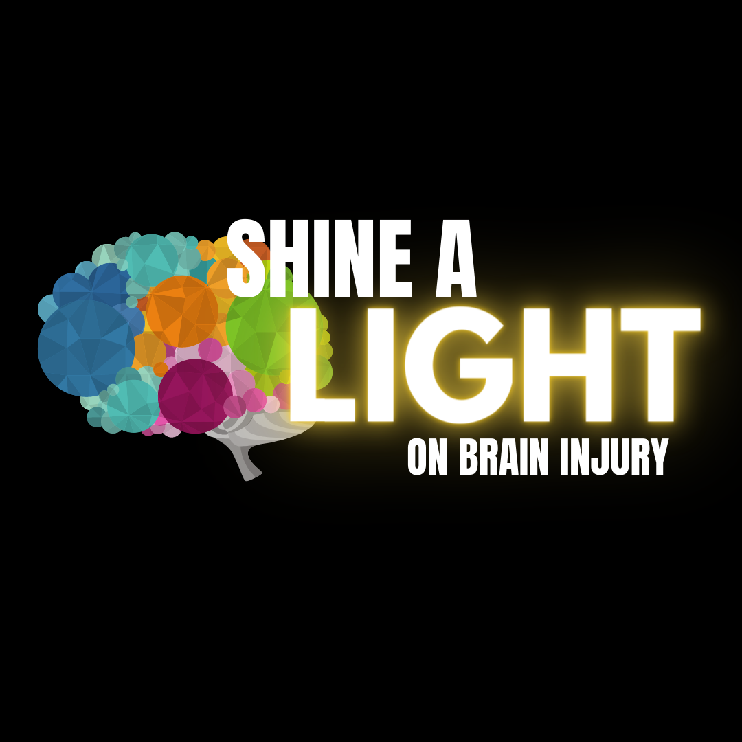 Colorful geometric brain illustration next to the bold, glowing text Shine a Light on Brain Injury and the NBIS logo, highlighting Brain Injury Education on a black background.