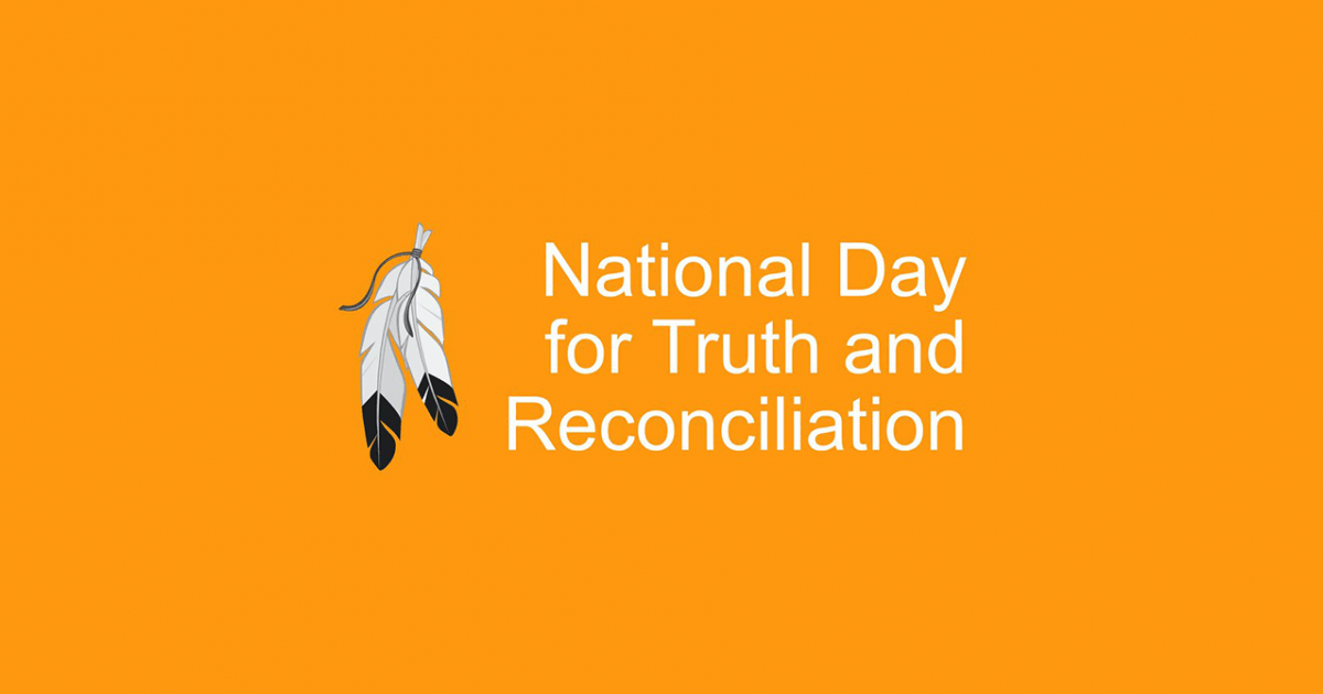 Orange background with two illustrated white and black feathers on the left, and the words National Day for Truth and Reconciliation in white text on the right. Presented by Nanaimo Brain Injury Society to support Brain Injury Education.