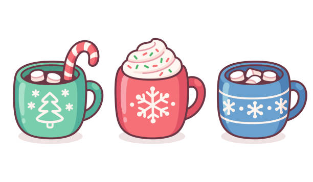 Three festive mugs of hot chocolate—perfect for cozying up after a Brain Injury Support group meeting. Green with a Christmas tree and candy cane, red with whipped cream, and blue with snowflakes—all topped with marshmallows.