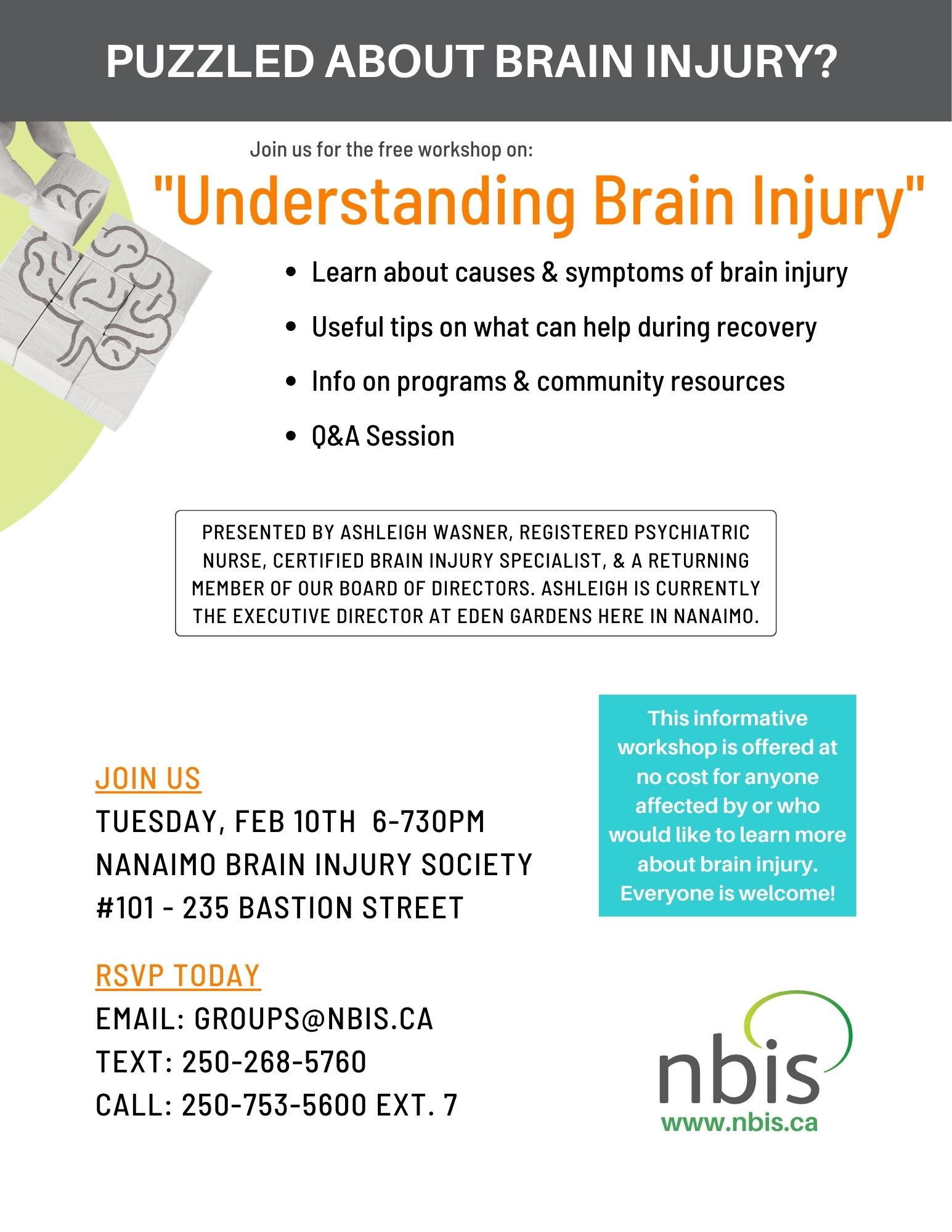Flyer for a free Brain Injury Workshop titled Understanding Brain Injury, outlining causes, symptoms, recovery, and resources. Join us June 18, 6-7:30 PM at Nanaimo Brain Injury Society. RSVP and contact details included.