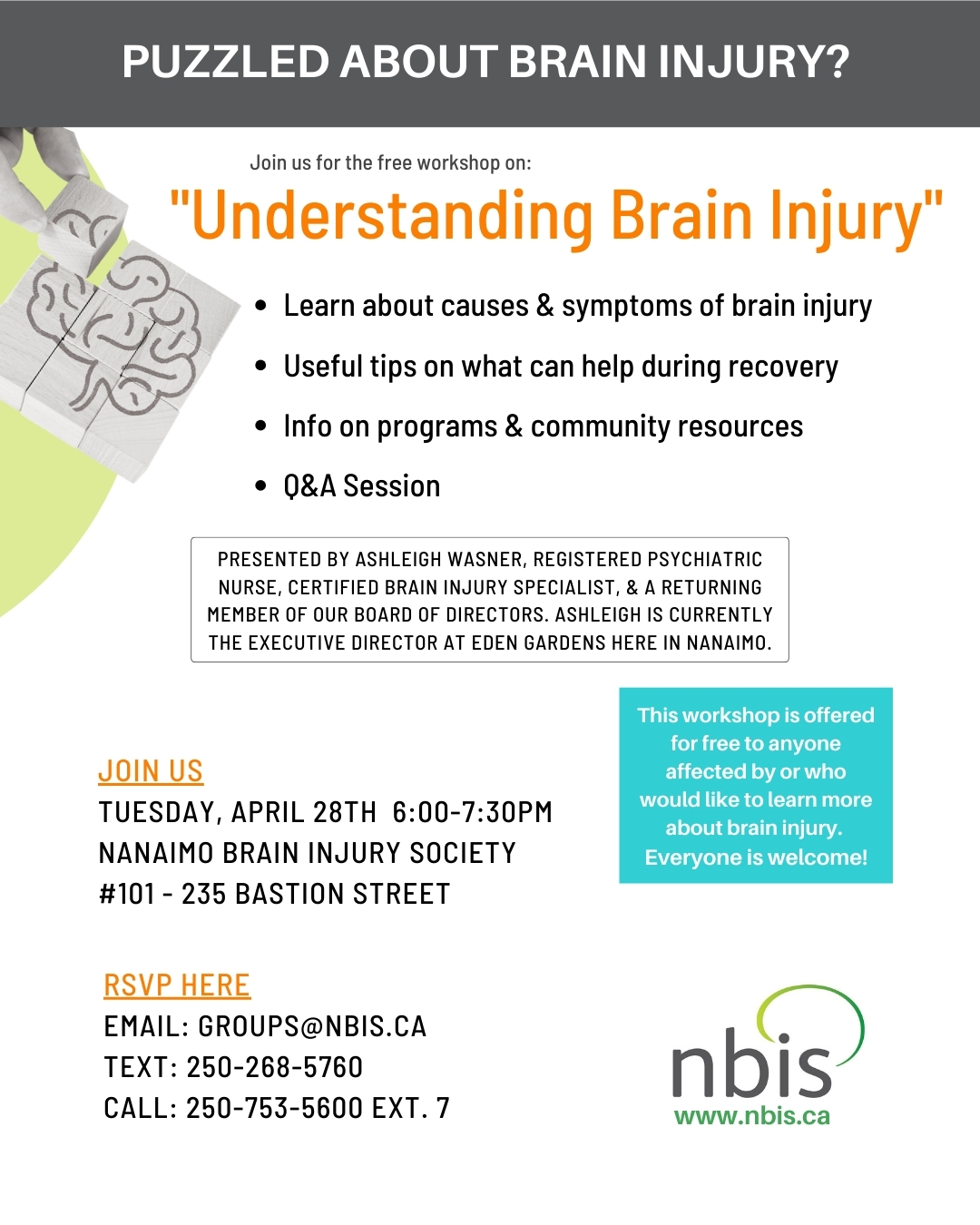 Flyer for Understanding Brain Injuryāan informative Brain Injury Workshop with date, location, RSVP details, and topics like symptoms, support, and recovery. Features a brain-themed puzzle illustration.