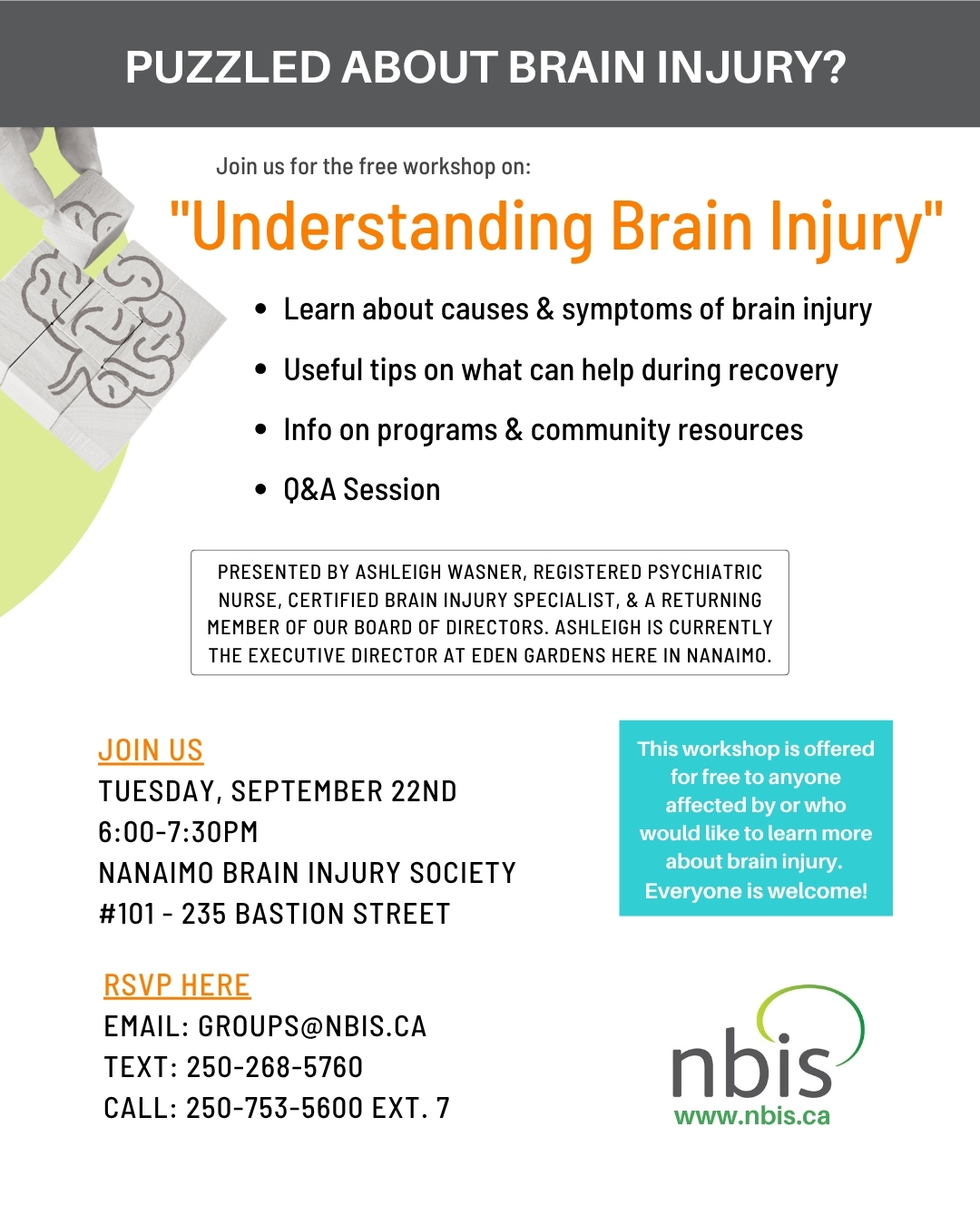 Flyer for the Understanding Brain Injury event featuring the NBIS logo and a brain puzzle image. Includes details such as date, time, location, RSVP information, and a list of topics covered—symptoms, available programs, recovery tips, and more. Join us at this informative Brain Injury Workshop to deepen your understanding of brain injury and connect with helpful resources.
