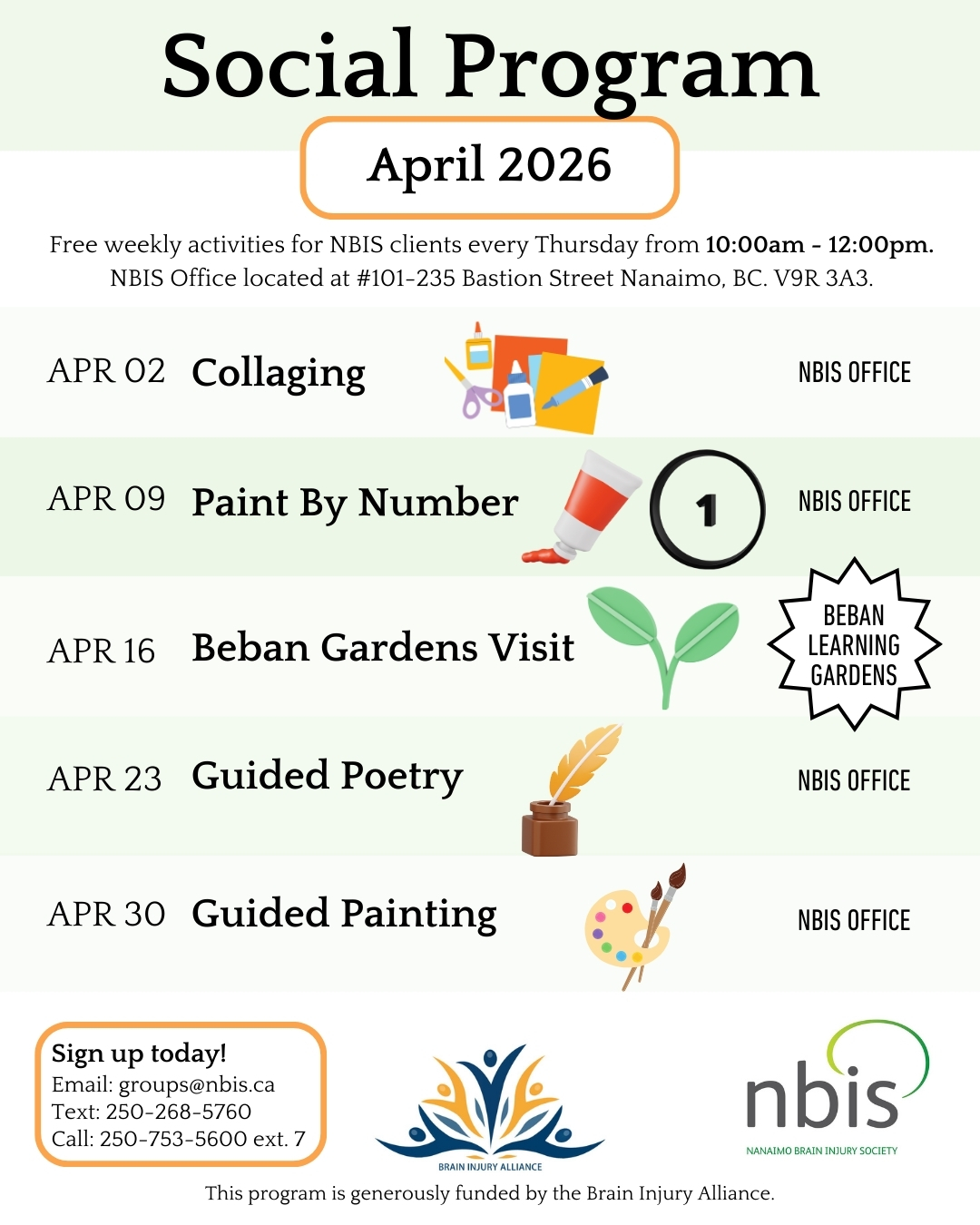 A flyer for the NBIS April 2026 Social Program listing weekly Thursday activities: Collaging, Paint by Number, Beban Gardens Visit, Guided Poetry, and Guided Painting. Includes contact info and logos.