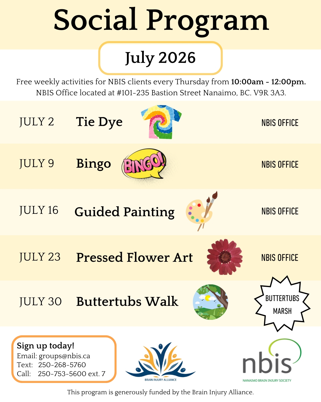 Social Program poster for July 2026 by the Brain Injury Alliance, listing engaging Social Program Thursday events: Tie Dye (July 2), Bingo (July 9), Guided Painting (July 16), Pressed Flower Art (July 23), and Buttertubs Walk (July 30).