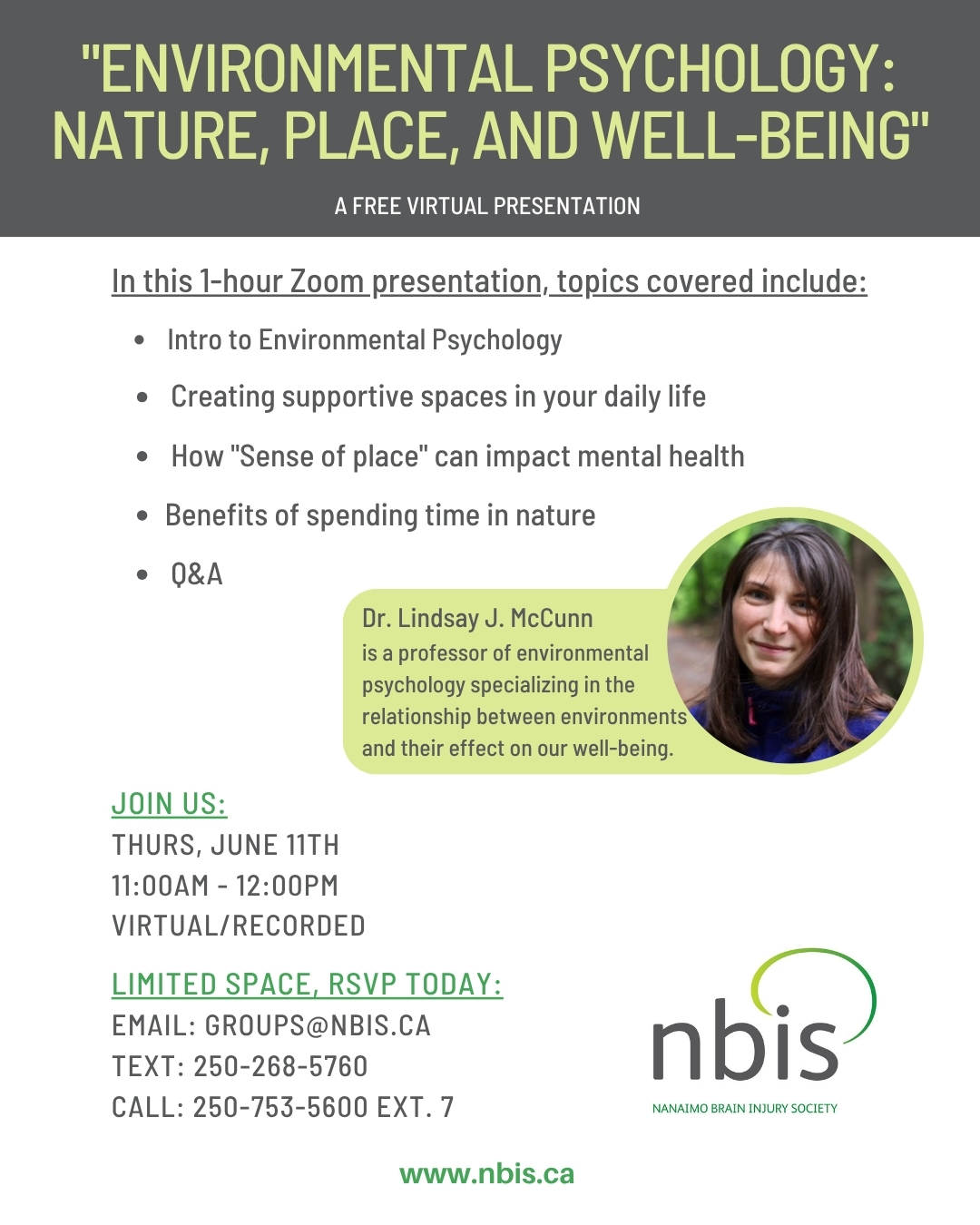 Flyer for a free virtual event, Environmental Psychology: Nature, Place, and Well-Being with Dr. Lindsay J. McCunn—June 11th, 11 AM–12 PM. Explore links between environment and brain injury. RSVP and contact Nanaimo Brain Injury Society for details.
