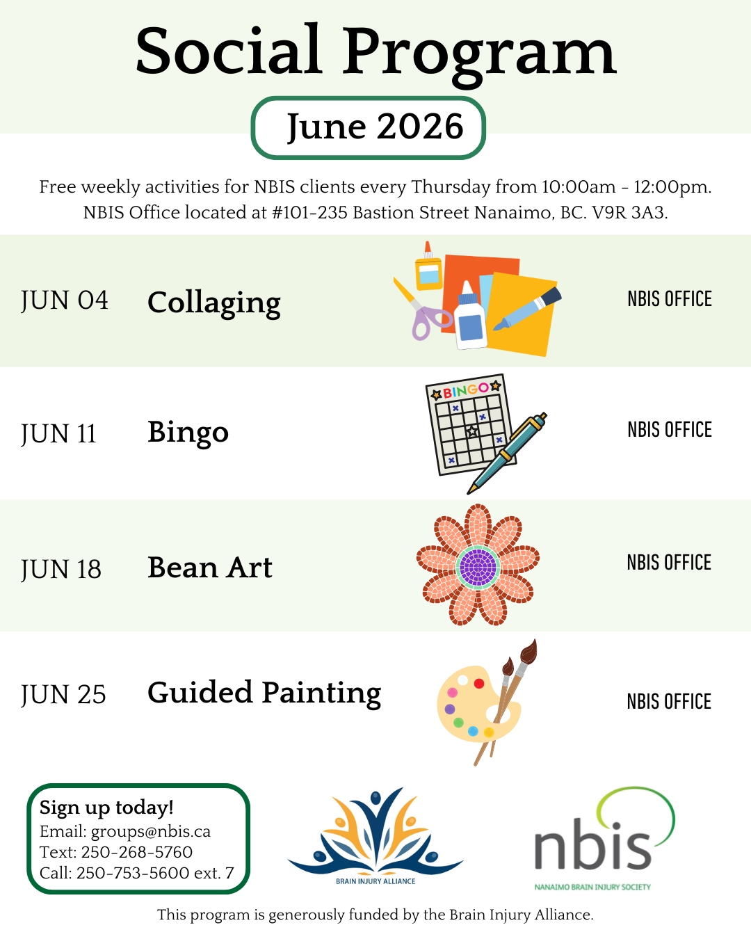 A flyer for the NBIS Social Program in June 2026, listing free Thursday Social Program activities: Collaging (Jun 4), Bingo (Jun 11), Bean Art (Jun 18), and Guided Painting (Jun 25). Contact details and logos appear at the bottom.