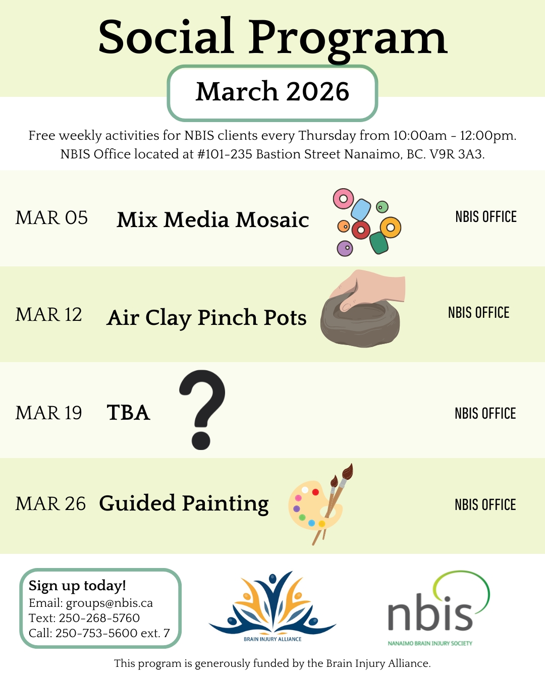 Flyer for NBIS Social Program, March 2026—join us every Thursday for weekly art events: Mix Media Mosaic (Mar 5), Air Clay Pinch Pots (Mar 12), TBA (Mar 19), Guided Painting (Mar 26). Includes contact info and NBIS logos.
