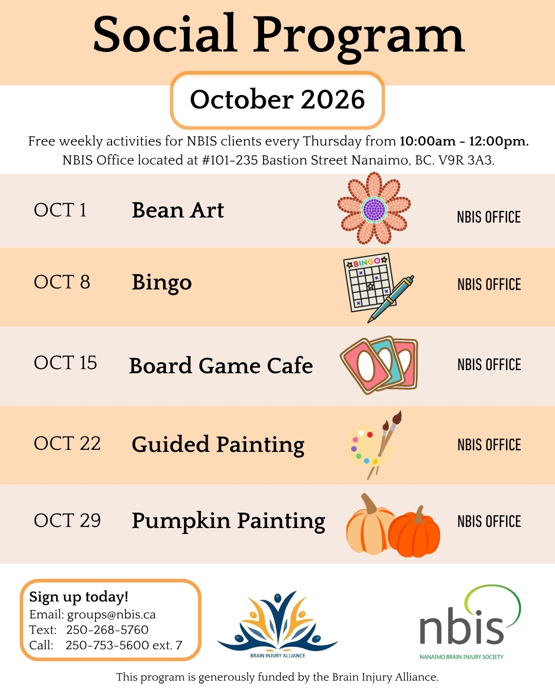 Schedule for the October 2026 NBIS social program, listing TBD weekly Thursday activities, locations, and contact information for the Nanaimo Brain Injury Society.
