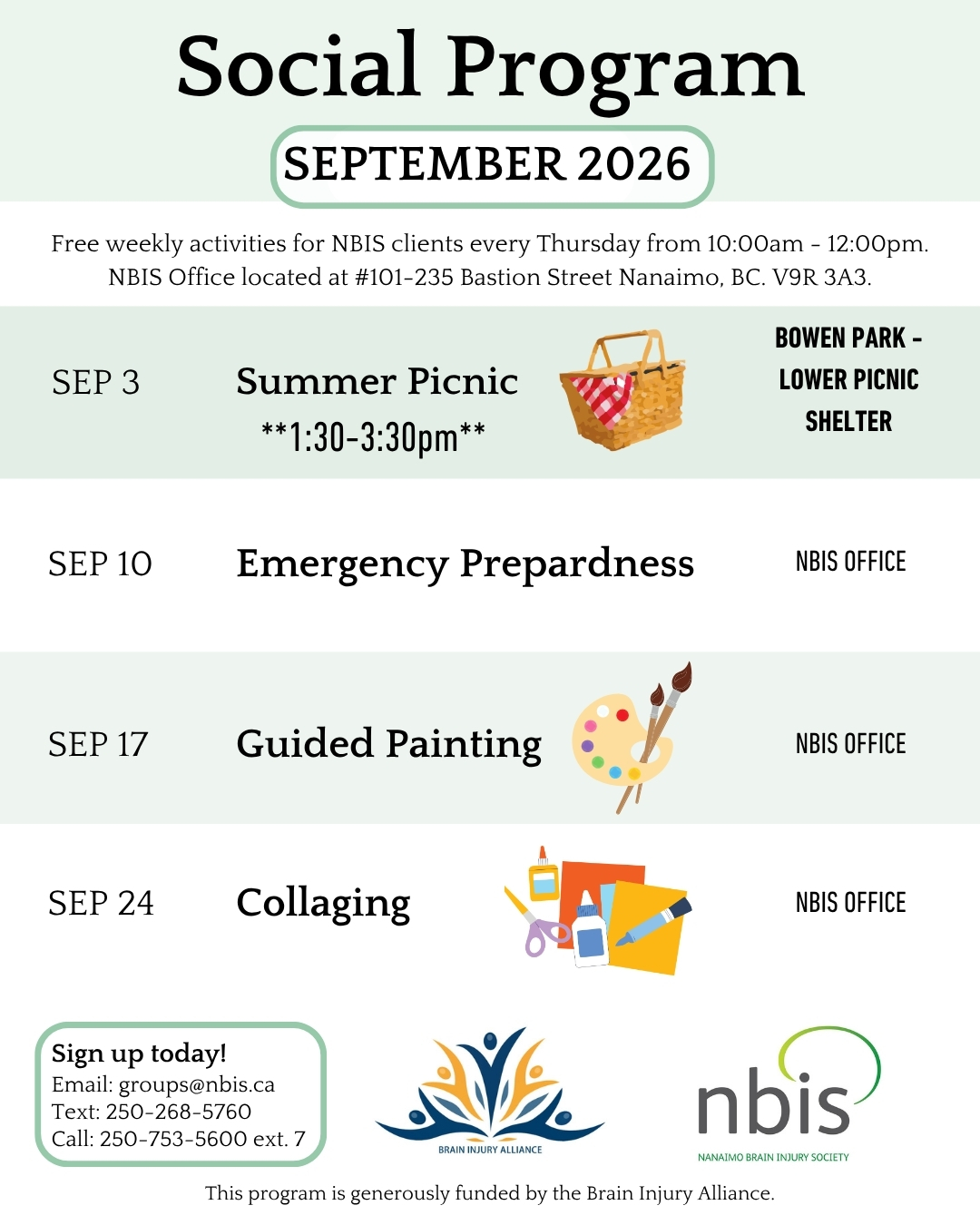A flyer showcases the NBIS September 2026 Social Program with weekly Thursday activities: Summer Picnic, Emergency Preparedness, Guided Painting, and Collaging. The flyer features vibrant illustrations and essential contact information, inviting everyone to join this engaging Social Program.