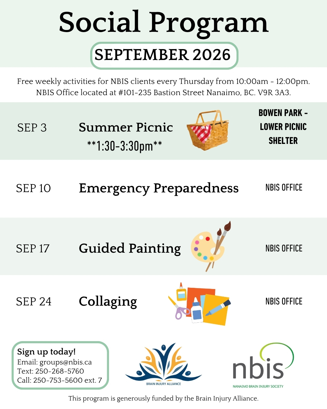 A flyer titled Social Program September 2026 lists the weekly NBIS Social Program activities, including a summer picnic, emergency preparedness, guided painting, and collaging, with dates, times, locations, and contact info.