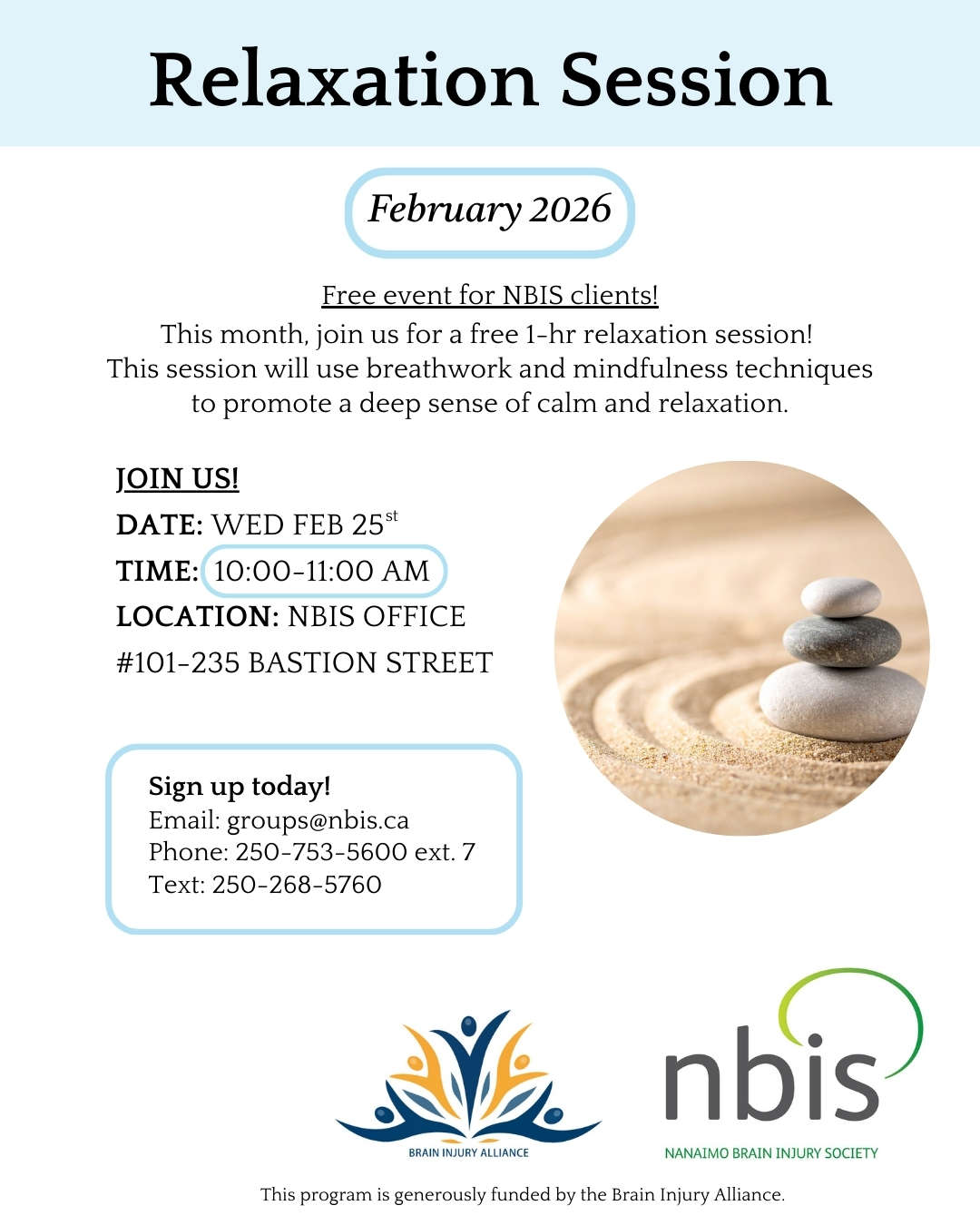 Flyer for a Client Relaxation Session in February 2026, featuring stacked stones on the right. Includes date, time, NBIS office location, contact info, and a note that it's free for NBIS clients. NBIS and alliance logos at the bottom.