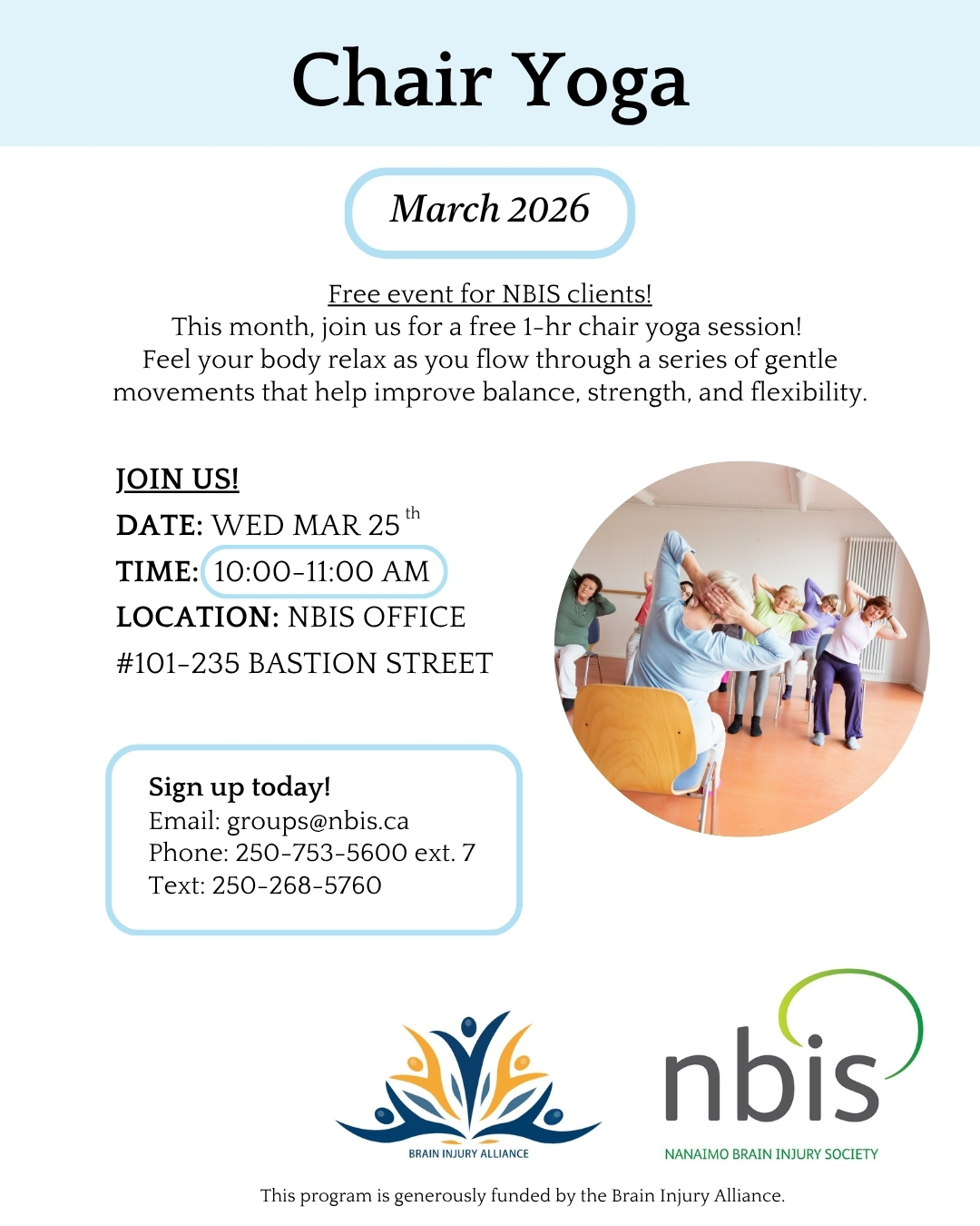 Poster for a free Chair Yoga client relaxation session in March 2026 at the NBIS office, with date and time details, a group doing seated yoga, and NBIS contact info. Includes logos for NBIS and Brain Injury Alliance.