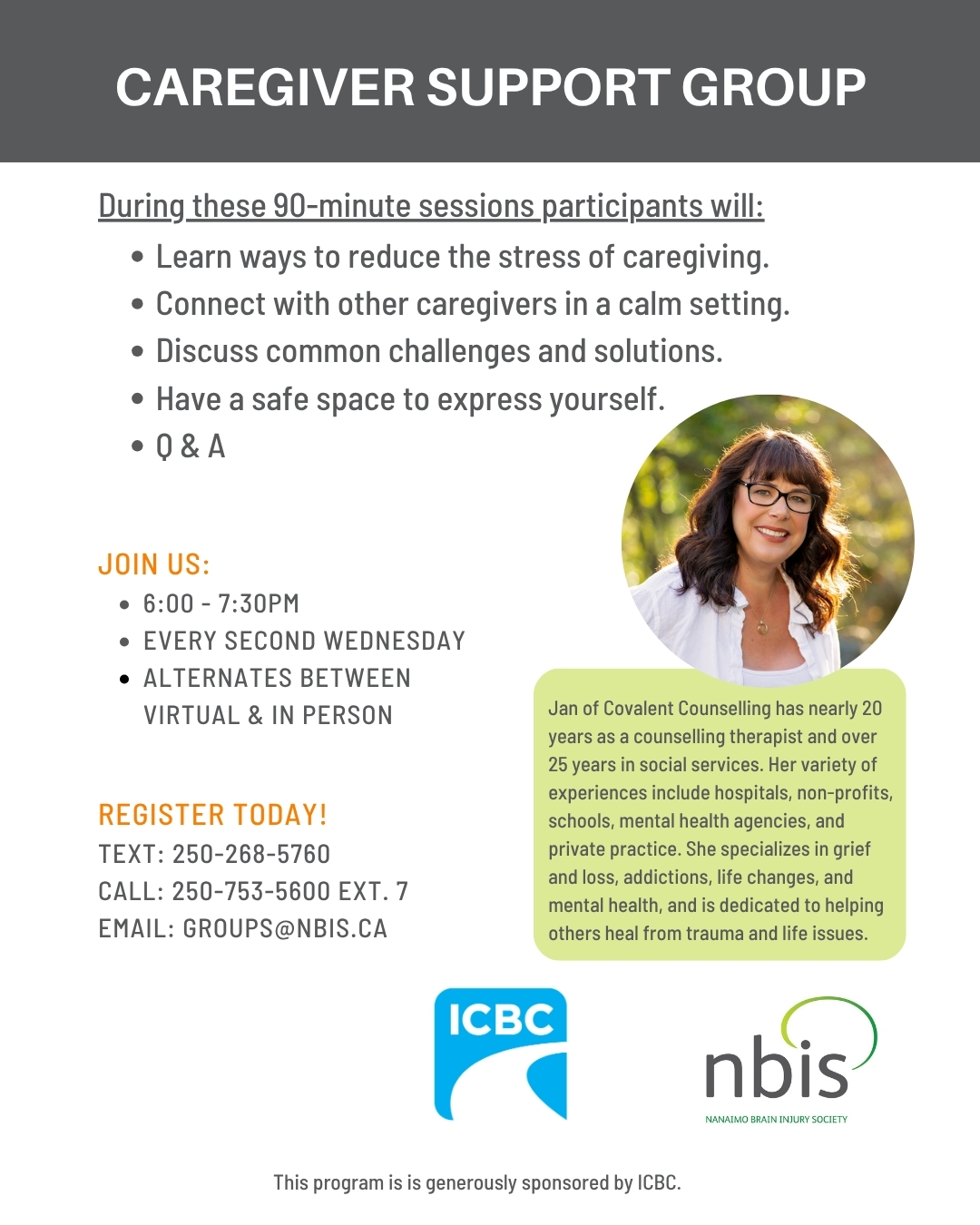 Flyer for an in person caregiver support group with meeting details, bullet points on session benefits, contact info, sponsor logos, and a photo of Jan—a counselor—plus a brief description of her support group experience.