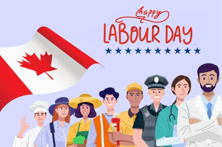 Illustration of diverse Canadian workers, including a chef, nurse, construction worker, police officer, doctor, and others, standing together beside a waving Canadian flag. The text reads Happy Labour Day at the top.