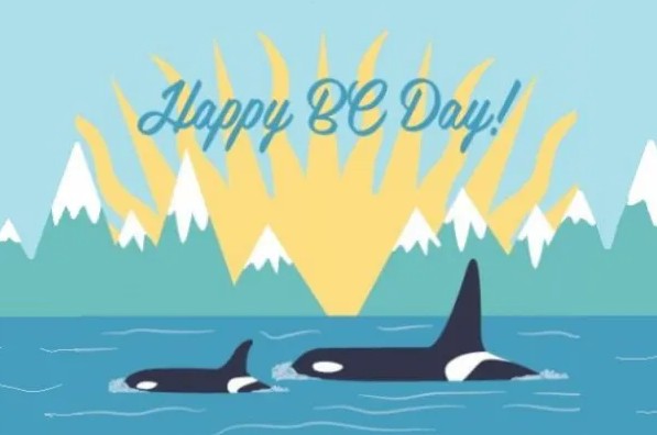 Illustration of two orcas swimming in the ocean with mountains, trees, and a yellow sunburst in the background. Text above reads Happy BC Day!.