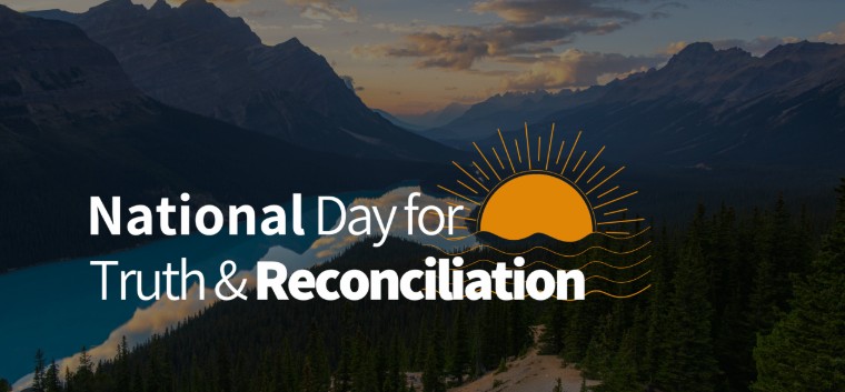 Text reads National Day for Truth and Reconciliation over a scenic view of a river, mountains, and trees at sunset. An illustration of a sun with rays and waves appears beside the text, honoring National Truth and Reconciliation.
