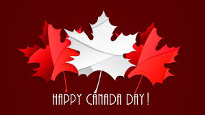 Three maple leaves—two red and one white—are displayed on a dark red background with the words Happy Canada Day! written below in bold white text.