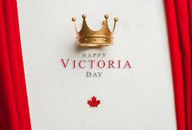 A gold crown sits above the words Happy Victoria Day in bold red text on a white background, with a small red maple leaf below, flanked by flowing red fabric on the sides—a festive tribute to Victoria Day.