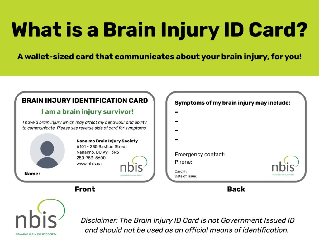 Image shows an informational graphic about a Brain Injury Identification ID Card, with front and back sample images, its purpose, and contact details for the Nanaimo Brain Injury Society. The card is not government-issued.
