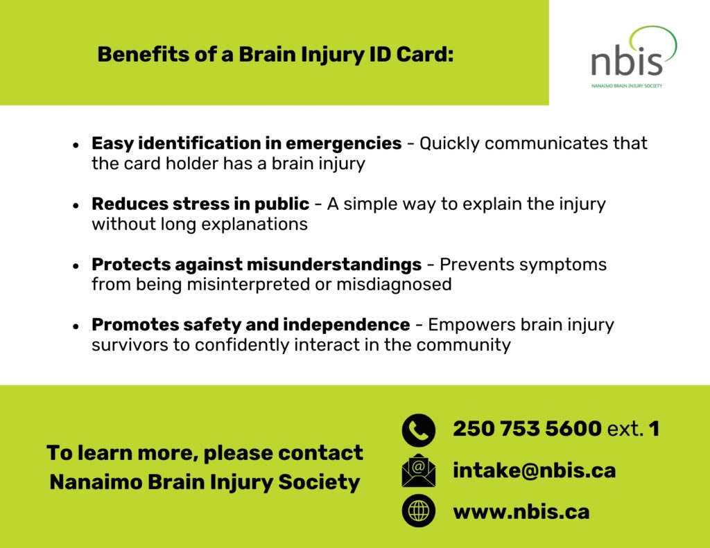 A flyer from Nanaimo Brain Injury Society lists the benefits of a Brain Injury Identification Card, including easy identification in emergencies, stress reduction, protection against misunderstandings, and support for safety and independence. Contact info provided.