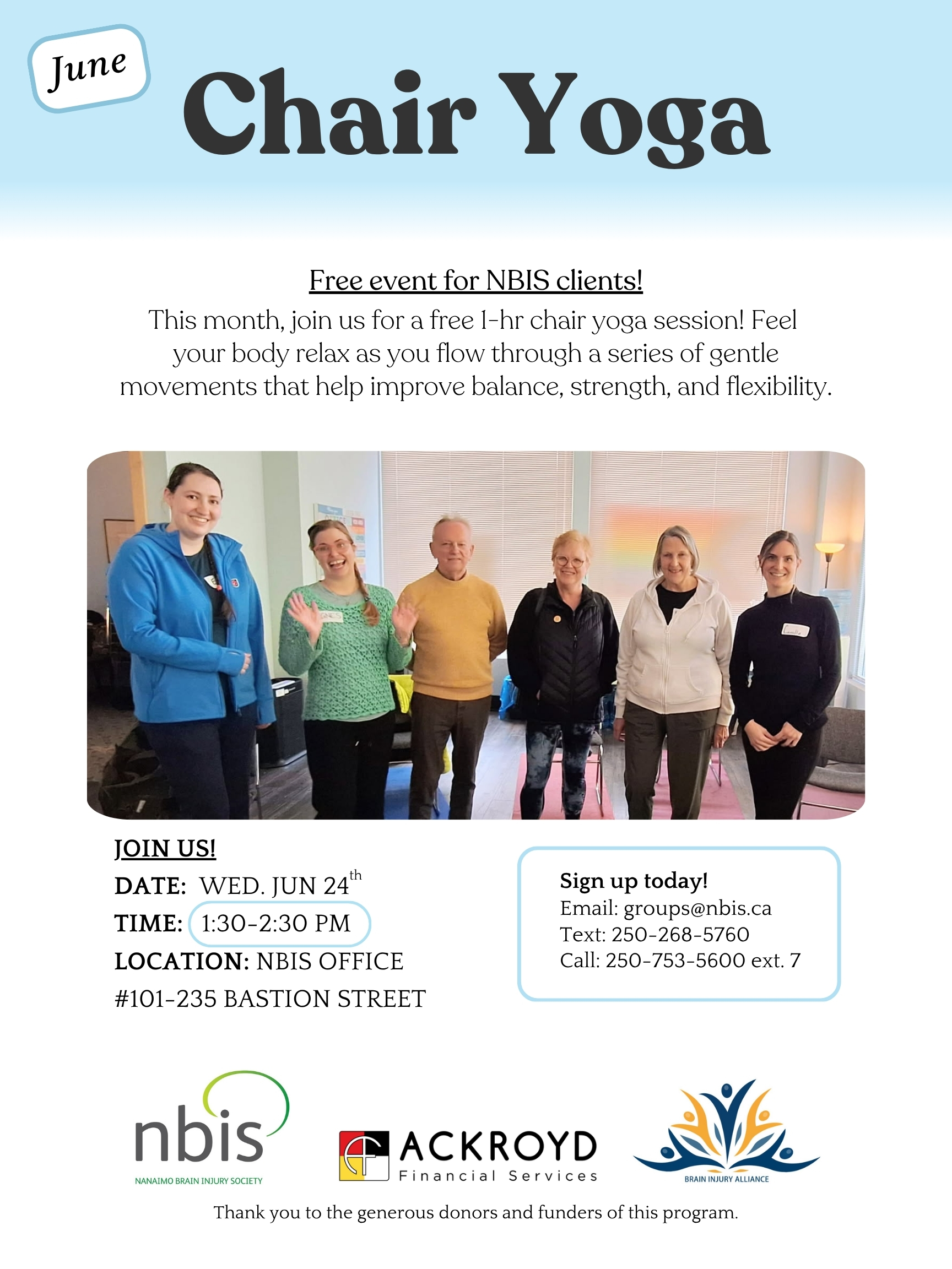 A flyer for a free Chair Yoga event in June invites NBIS clients and caregivers to join a session to improve balance, strength, and flexibility. It includes a group photo, event details, contact info, and sponsor logos at the bottom.