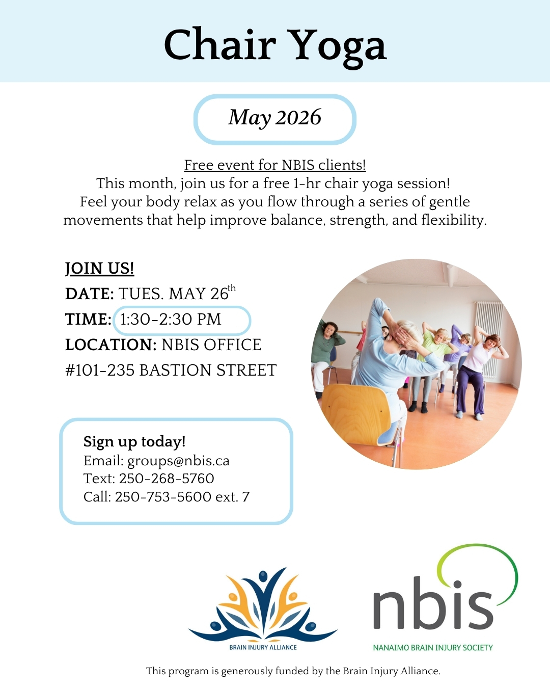 A flyer for a free Chair Yoga for Caregivers event hosted by NBIS in May 2026, featuring event details, contact info, and a photo of people doing chair yoga in a bright room. NBIS and Brain Injury Alliance logos are included.