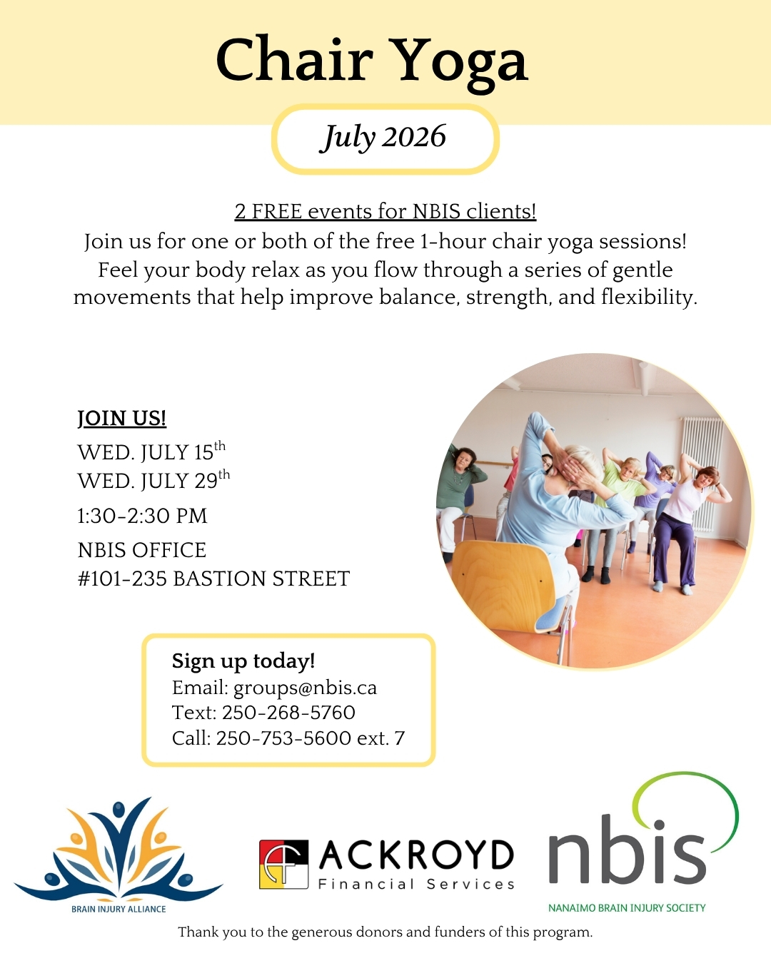 A flyer for Chair Yoga in July 2026 offers two free sessions for NBIS clients and caregivers. It includes dates, times, contact info, sponsor logos, and an image of people practicing chair yoga.