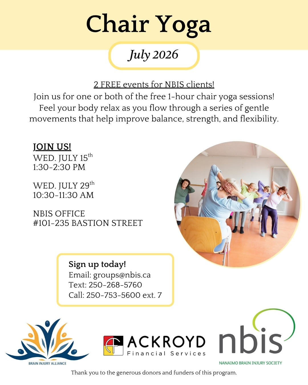 Flyer for Chair Yoga in July 2026, featuring images of clients and caregivers participating in chair yoga. Lists event dates, times, location, and contact info, and states free sessions for NBIS clients. Sponsored by Ackroyd Financial and NBIS.