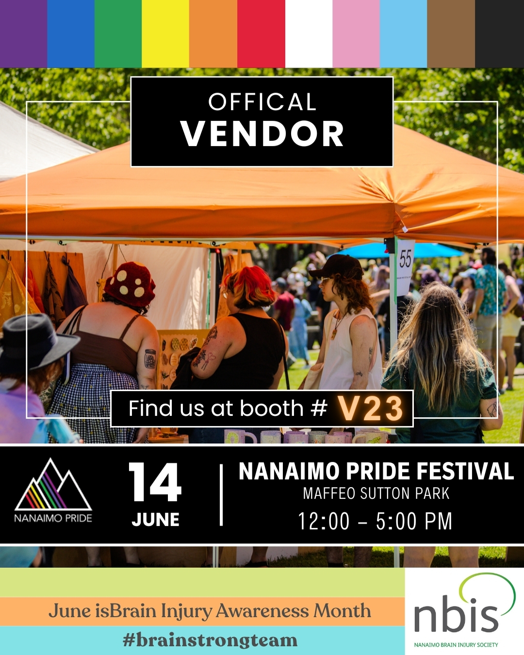 Colorful Pride Festival poster with vendor booth details, rainbow flags, people in hats near an orange tent, and event info: June 14, Maffeo Sutton Park, 12–5pm. Includes a Brain Injury Awareness Month note.