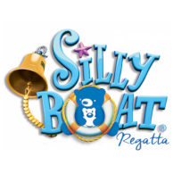 Logo for Silly Boat Regatta features playful blue letters, a life preserver, a bear and a dog, plus the Silly Boat Regatta's signature purple starfish and a yellow bell with rope.