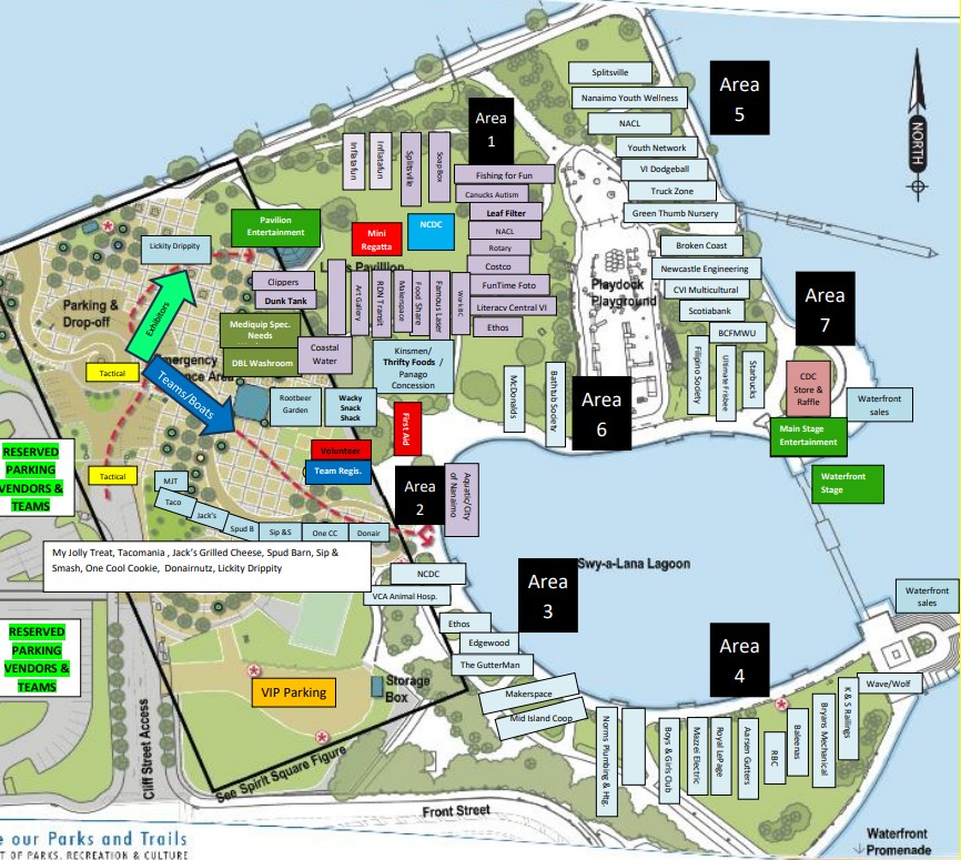 A detailed festival map for the Silly Boat Regatta shows seven color-coded areas with labeled booths, parking zones, ponds, restrooms, playground, VIP parking, main stage, vendor spots, and waterfront promenades surrounding a large central lagoon.