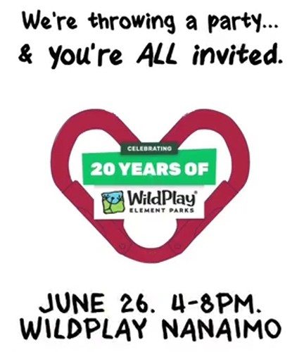 Join us at WildPlay Nanaimo’s 20th Anniversary party! Featuring a heart-shaped carabiner, June 26, 4-8 PM. We're throwing a party... & you’re ALL invited.