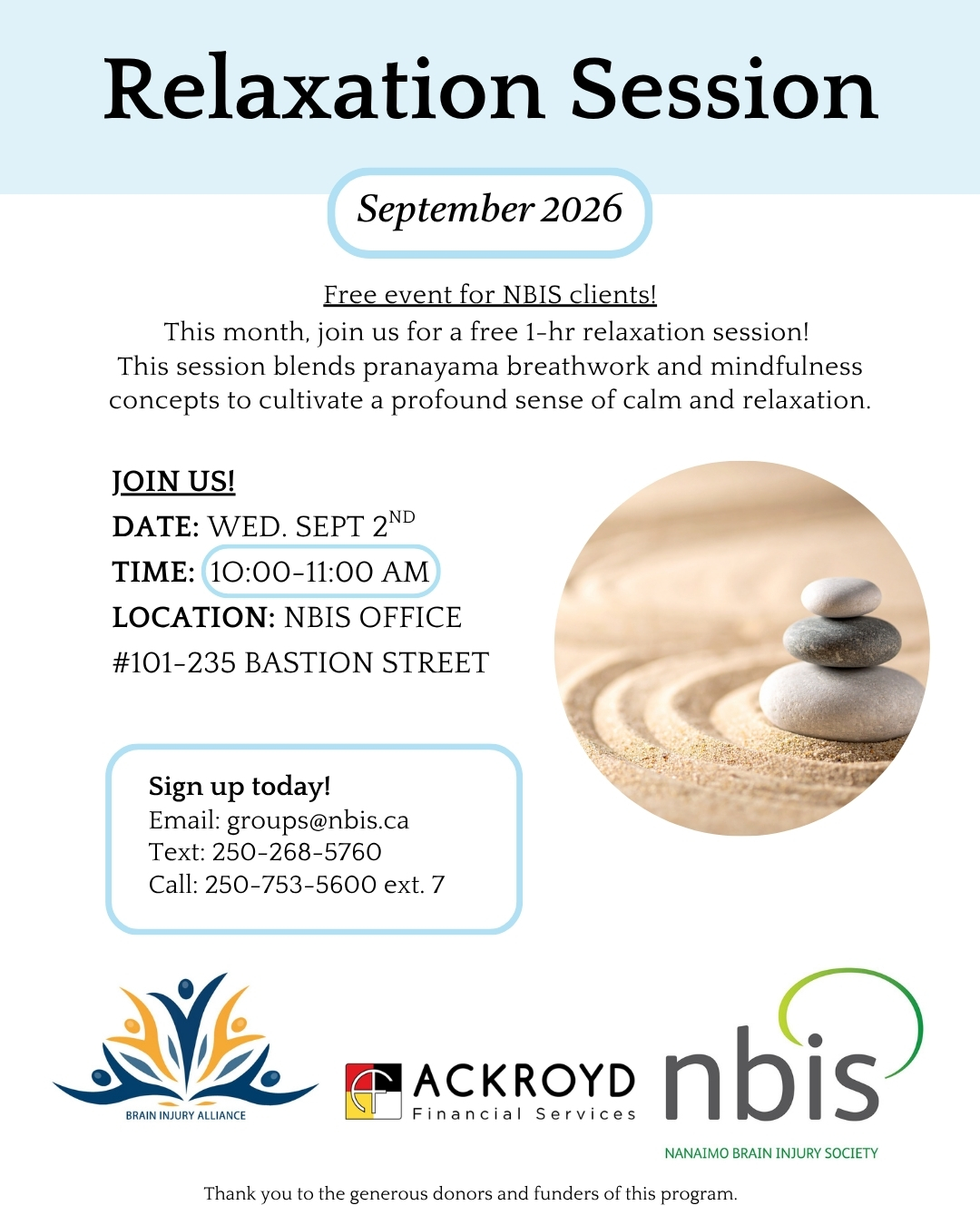 Flyer for a relaxation session at NBIS. Details: Sept 2nd, 10-11 AM, #101-235 Bastion St. Free for NBIS clients and caregivers. Includes breathwork, mindfulness, and chair yoga. Contact info and sponsor logos at the bottom.