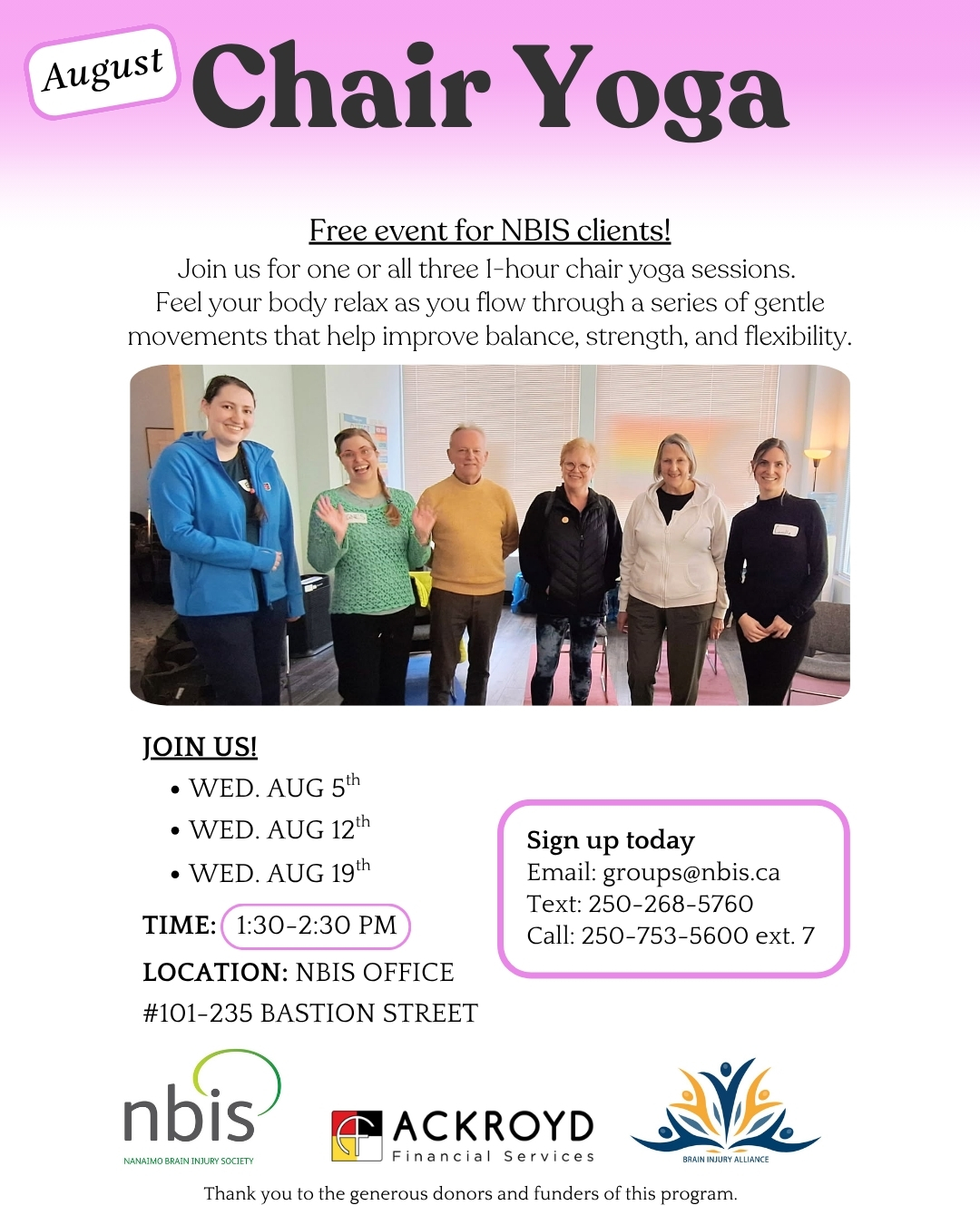 Five people stand in a row in a room, smiling at the camera. The text advertises free August Chair Yoga sessions for NBIS clients and caregivers, including dates, time, contact info, and sponsor logos at the bottom.