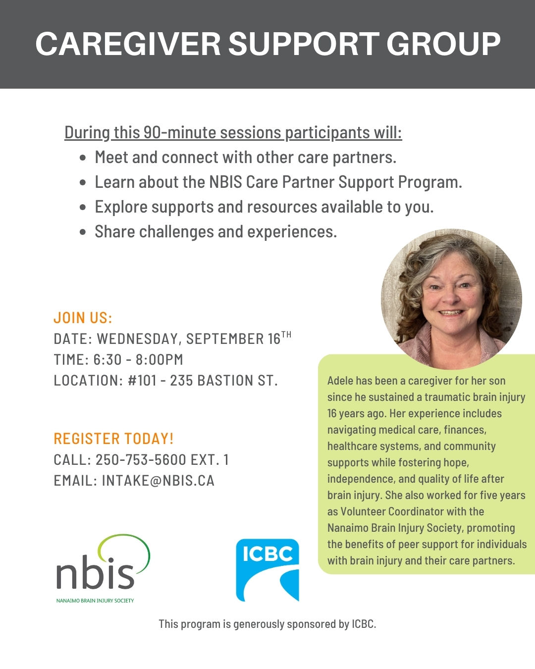 Flyer for a Caregiver Support Group, detailing a session on September 16 from 6:30–8:00pm at 235 Bastion St. The Caregiver Support Group will cover topics including coping skills and peer support, with contact info for registration and program partners listed.