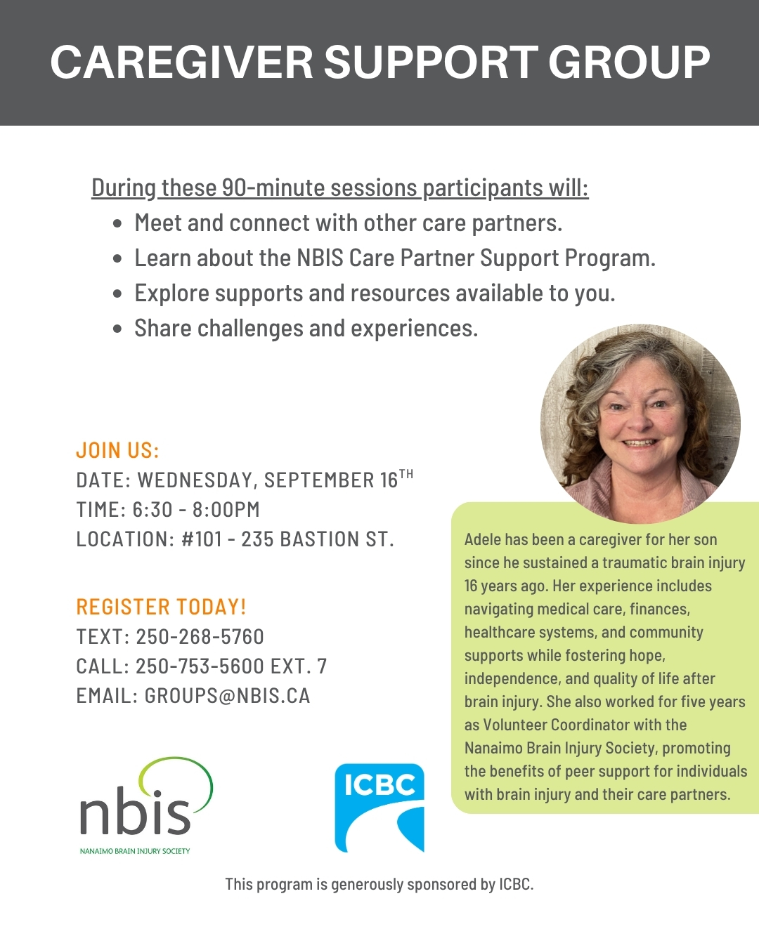 Flyer for a Caregiver Support Group session with meeting details, description, photo of a woman named Adele, and logos for NBIS and ICBC at the bottom. Registration and contact information are listed on the left.
