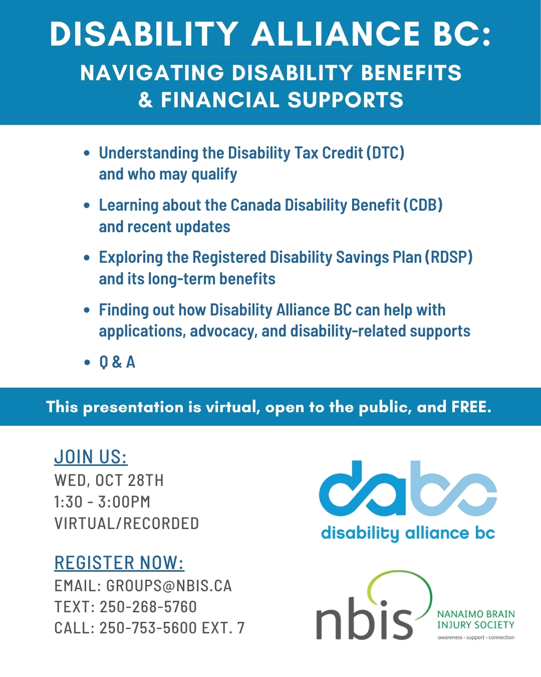 Flyer for a Disability Alliance BC presentation on disability benefits and financial supports held on October 28, featuring registration details and contact information for Disability Alliance BC and the Nanaimo Brain Injury Society.